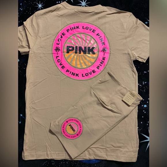 VS Pink Mocha Latte NEW RELEASE Tropical Campus Tee & Cotton Biker Shorts SET - Picture 4 of 14